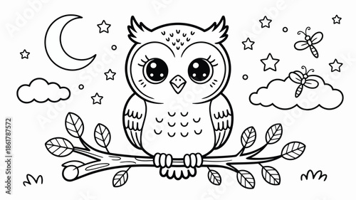 An endearing cartoon owl sits on a leafy tree branch beneath a crescent moon and twinkling stars
