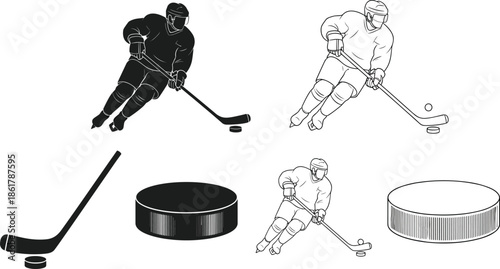 Ice hockey player vector set, black and outline illustrations showing skating, stick handling, puck, sports action isolated design for advertising branding use