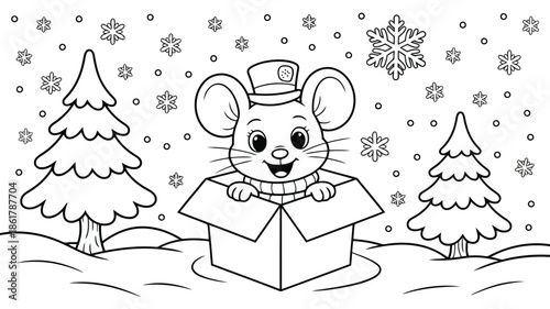 Cute mouse character with a buttoned hat appears from a gift box in a peaceful outdoor winter setting