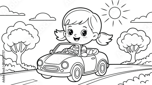 Happy cartoon girl with pigtails driving a convertible car on a sunny road