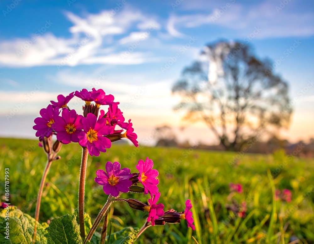 Obraz premium Close-up of vibrant flowers in a field with a tree and sunset