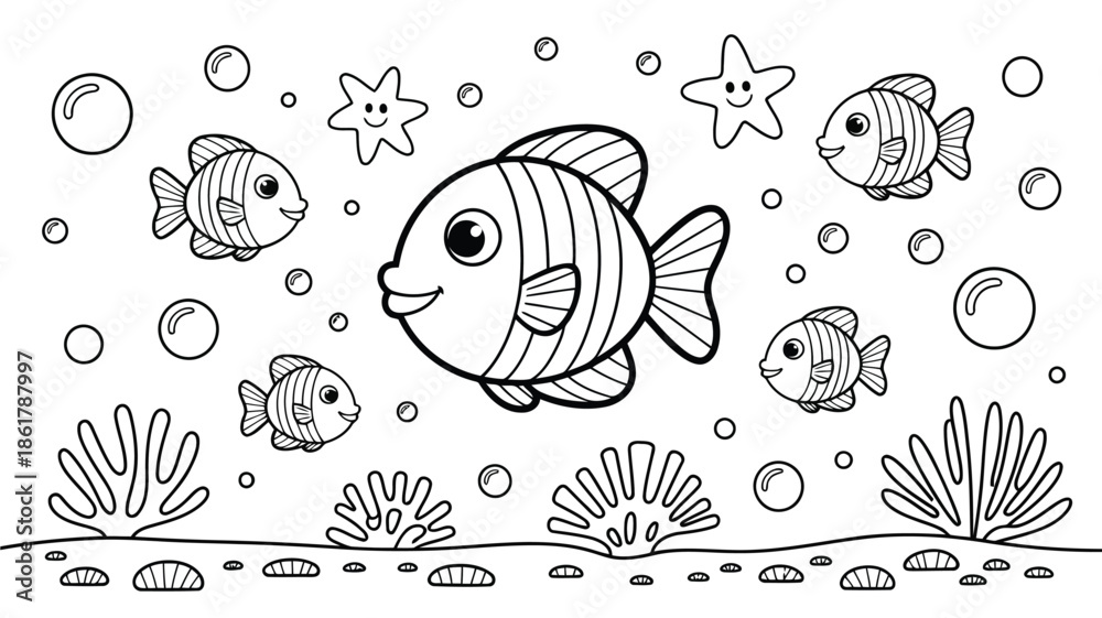 Obraz premium Smiling cartoon fish and cute starfish happily explore a fun filled underwater world for kids