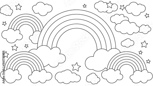 Numerous outlines of rainbows, fluffy clouds, and twinkling stars fill a whimsical coloring page scene