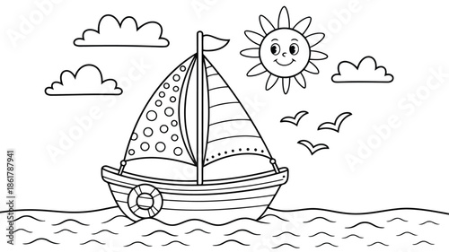 Outline drawing of a charming sailboat on wavy waters under a smiling sun and flying birds