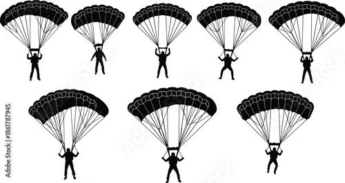 Parachutist silhouette vector set, skydiving figures descending with parachutes, black isolated illustration for adventure sports, aviation, military, and safety design