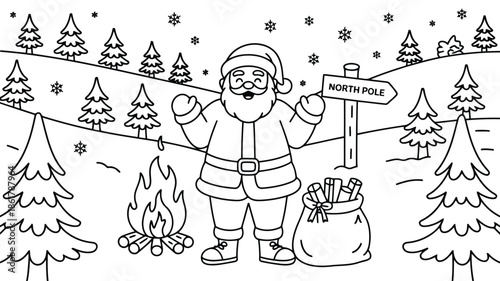 Santa Claus stands beside a campfire, gift sack, and North Pole sign in a snowy forest