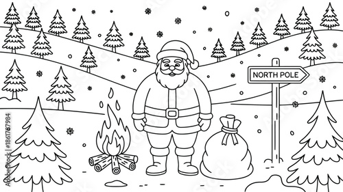 Santa Claus stands beside a burning campfire, a gift sack, and a North Pole sign