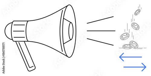 Marketing, advertising, revenue generation, financial success, business strategy, communication. A megaphone releasing sound waves, coins falling arrows pointing forward and backward. Marketing