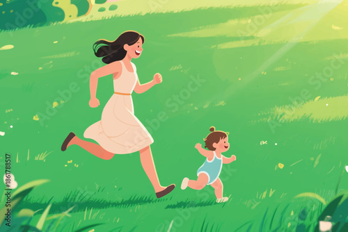 Woman and child running joyfully through a sunlit grassy field with flowers and trees around them.