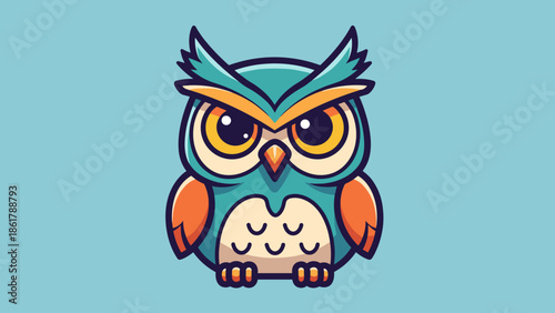 Cute cartoon owl with big eyes and orange wings looking forward.