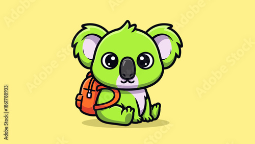 Cute green koala bear with orange backpack sitting and smiling.