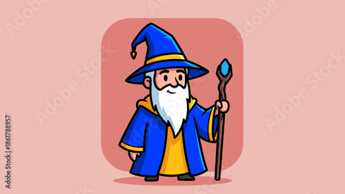 Cute Cartoon Wizard Holding Magical Staff.