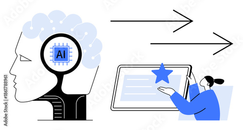 Artificial intelligence, technology, user interaction, innovation, digital feedback, neural networks. Human brain with AI chip and a user giving feedback on a tablet. Artificial intelligence