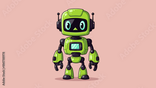 Cute Green Robot Character Standing Front View.
