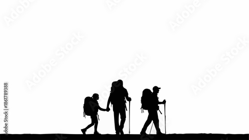Three hikers with backpacks walking in silhouette against a white background.