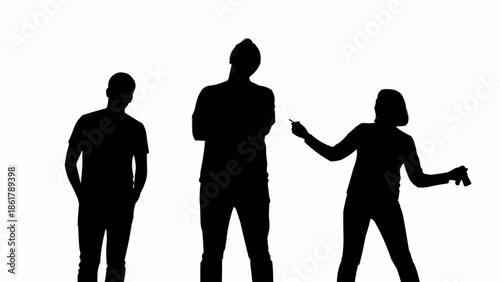 Three Silhouettes of People Standing Against White Background.