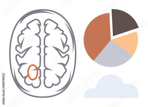 Brain with highlighted section, pie chart depicting analysis, and cloud symbolizing data storage. Ideal for neuroscience, data study, mental health, education, healthcare, innovation digital