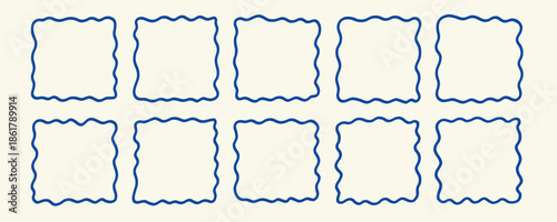 Blue Line Wavy Square Textbox Shape Frame Kit. Zigzag Edge Curvy Border Box Bundle. Outline Doodle Vector Illustration