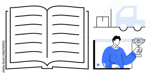 Open book with text lines, delivery truck with package, and man in blue sweater holding trophy in video screen. Ideal for education, logistics, achievement, research, e-commerce, success rewards