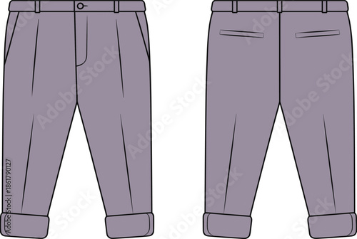 Casual cuffed trousers flat vector illustration, front and back view ankle length pants CAD drawing technical apparel design mens fashion