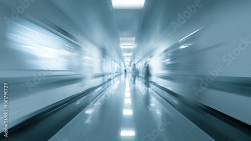 A blurred hospital corridor with an ethereal blue hue, highlighting a sense of urgency and medical care.