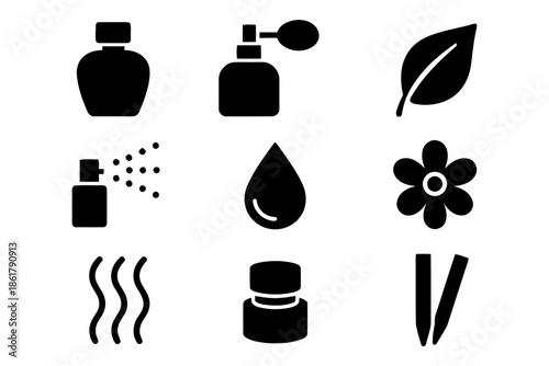 Perfume bottle and aroma ingredients illustration in glyph style