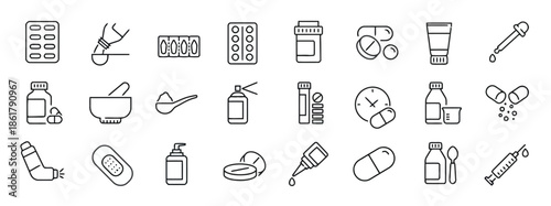 Pharmacy Line Icon Set Collection of Drug and Pills Related Vector Symbols such as Bottle, Pill, Ointment, Syringe with Isolated Background