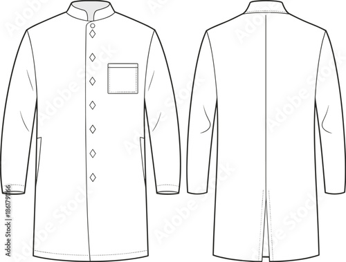 Men buttoned long kurta technical flat vector illustration front and back view cad drawing apparel design template fashion garment specification