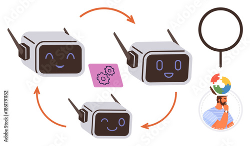 Three AI robots exchanging information in a cycle with gears, a magnifying glass, and a human symbolizing innovation. Ideal for teamwork, AI, automation, technology, creativity, analysis progress