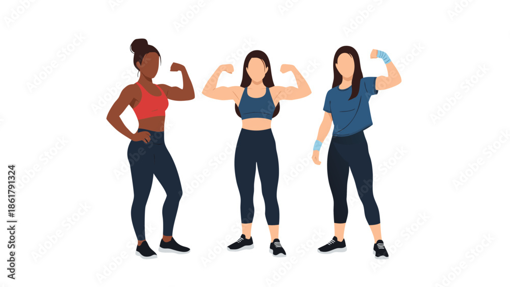 Fototapeta premium Diverse group of women flexing muscles, vector illustration of strong females in fitness apparel
