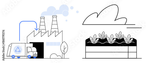 Environmental protection, industrial sustainability, eco-friendly farming, waste management, recycling, clean energy. Factory with recycling truck, agricultural field. Environmental protection