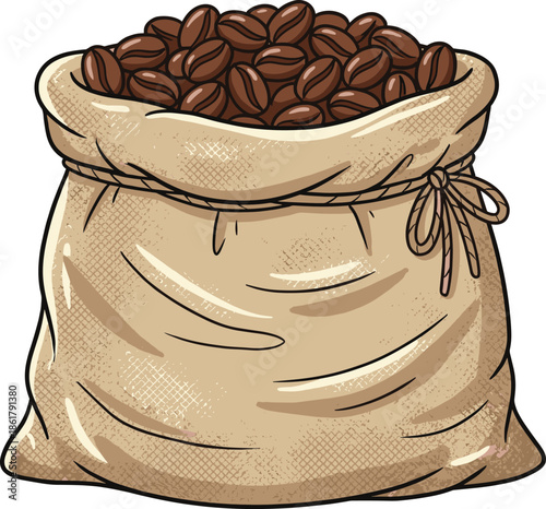 Coffee beans sack illustration featuring burlap bag filled with roasted coffee beans, detailed hand drawn style food artwork isolated on white