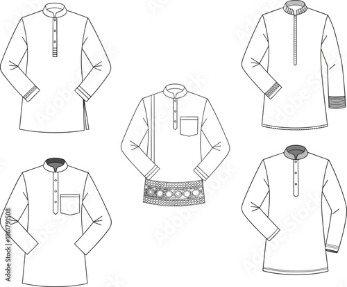 Men kurta shirt technical flat vector illustration set front view cad drawing apparel design template fashion garment specification