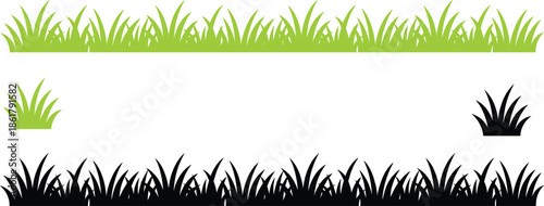 Grass border and silhouette illustration set featuring green and black lawn edges, natural ground elements for landscape, garden, and design use