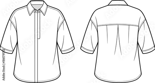 Short sleeve men shirt technical flat vector illustration, front back view with yoke detail apparel CAD drawing fashion template