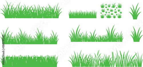 Green grass border illustration set featuring multiple lawn and meadow styles, natural ground elements for landscape, garden, and eco design use