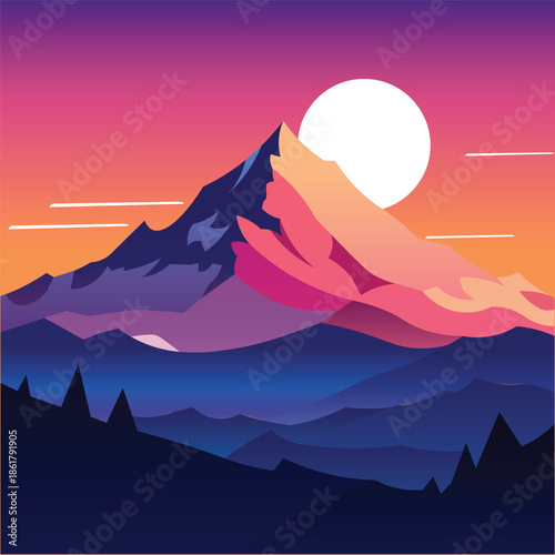Purple Mountain Landscape Background with Scenic View, Forest, and Sky