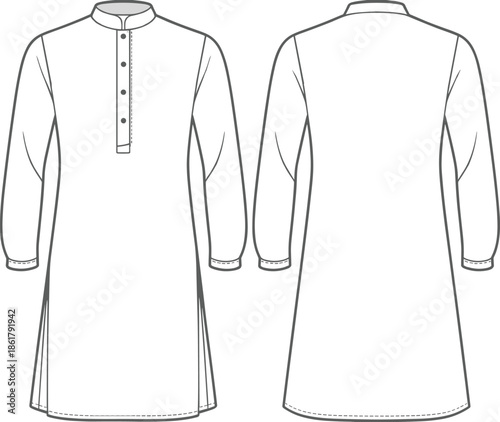 Traditional long kurta flat vector illustration, front and back view mandarin collar ethnic garment CAD drawing technical apparel design