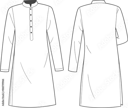 Traditional long kurta flat vector illustration, front and back view button placket ethnic garment CAD drawing technical apparel design