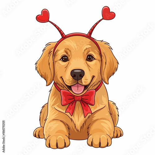 Cute golden retriever puppy with heart headband and bow tie, perfect for Valentine's Day or love-themed projects