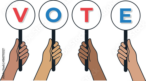 Hands holding vote signs spelling VOTE, diverse skin tones showing civic participation, election democracy concept in modern flat vector illustration