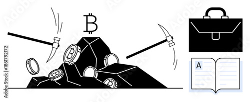 Cryptocurrency, blockchain technology, mining operations, digital investments, financial tools, economic education. Coins, pickaxes Bitcoin symbol briefcase and book. Cryptocurrency and blockchain