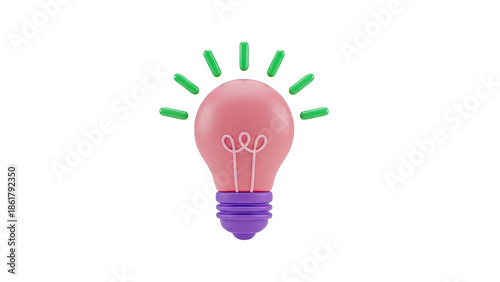 3D Pink Lightbulb with Green Rays and Purple Base