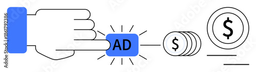 Hand pressing ad button with glowing effect, leading to coin stack and dollar symbol. Ideal for advertising, revenue stream, marketing, pay-per-click, monetization, e-commerce finance. Simple flat