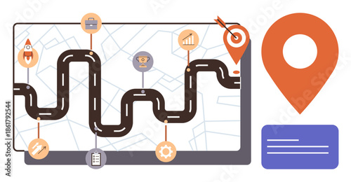 Digital roadmap with path, milestones, icons for goals and achievements, location pin. Ideal for business strategy, planning, success, navigation, goal setting project tracking simple flat metaphor