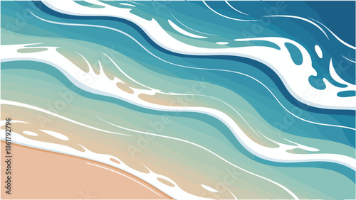 Ocean waves and beach sand with abstract style and blue teal color palette