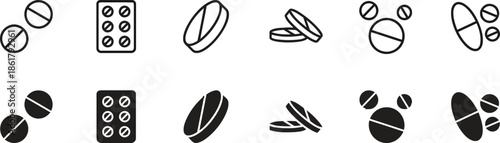 Pills and capsules vector illustration set