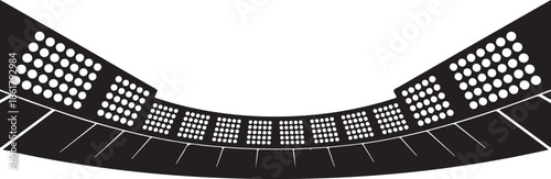 Football stadium floodlights silhouette vector with curved arena structure, minimalist black and white sports lighting design