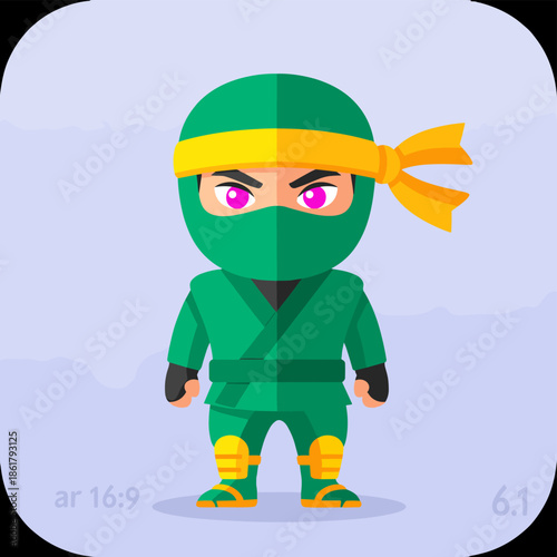Green Ninja Cartoon Character with Yellow Headband and Intense Pink Eyes.