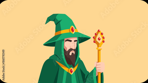 Green Wizard Holding Magical Staff with Ornate Top.